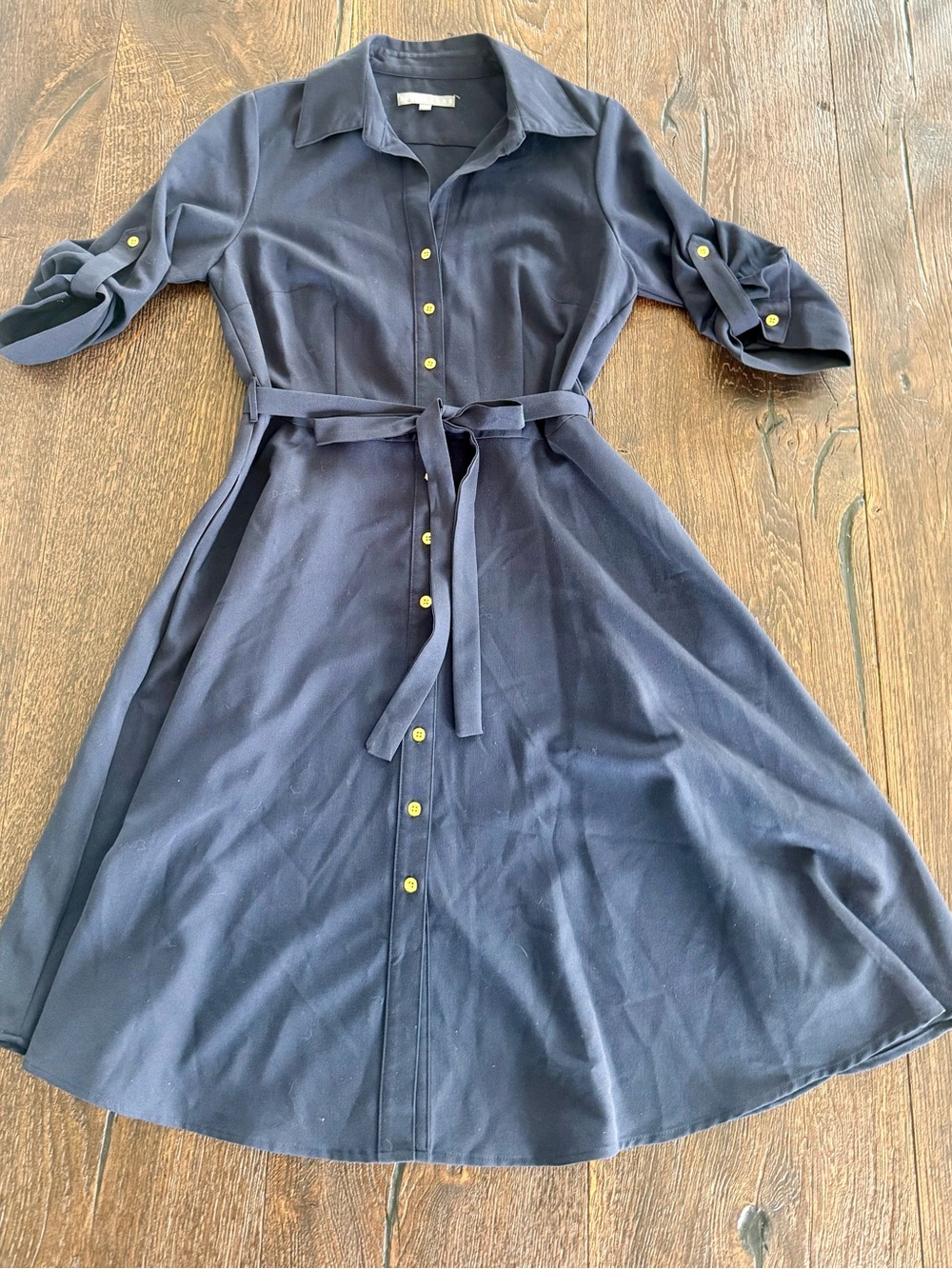 Sharagano Navy Button-Front Midi Shirt Dress with Waist Tie